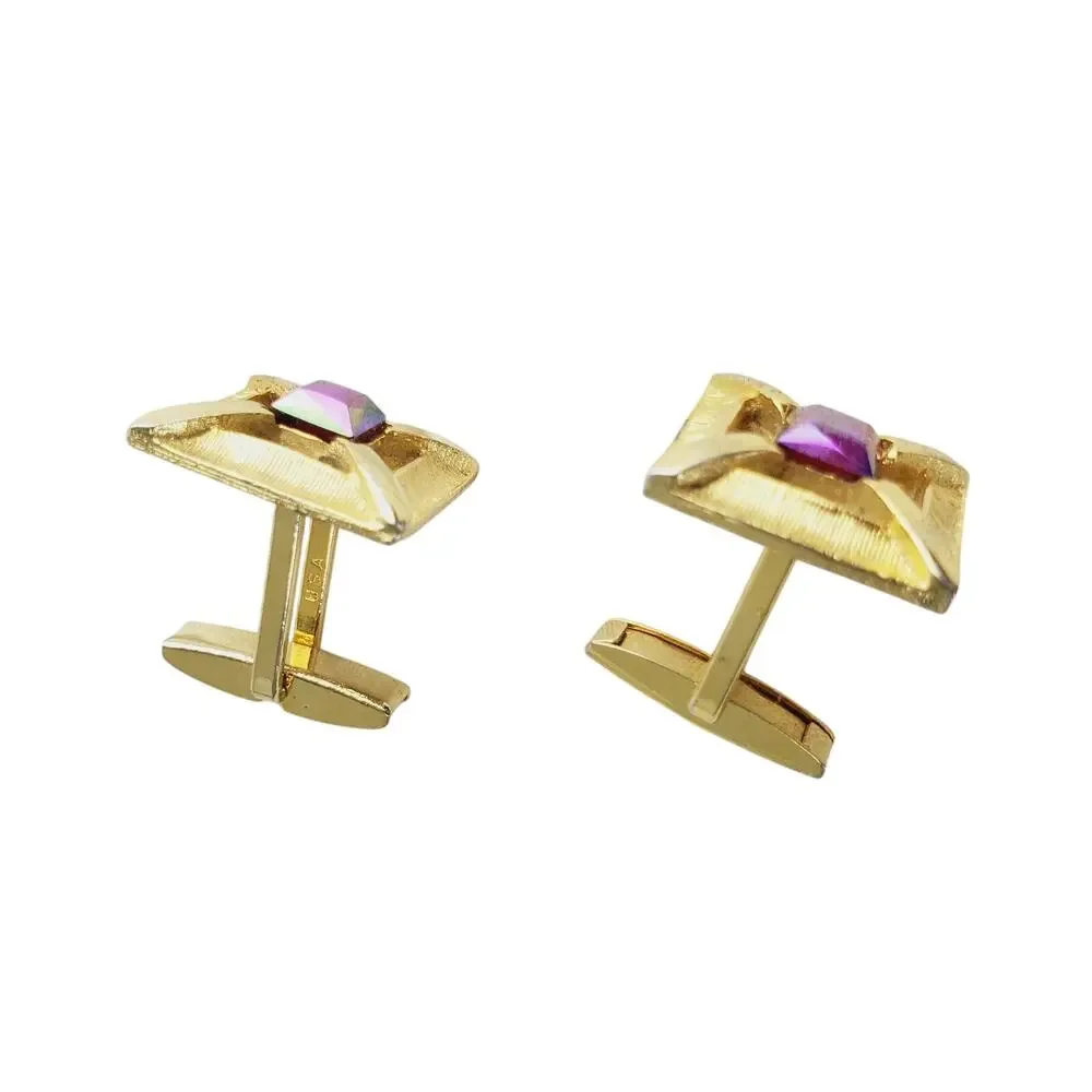 Vintage Square Shape Gold Tone Textured Cufflinks & Red Rhinestone Fashion Style